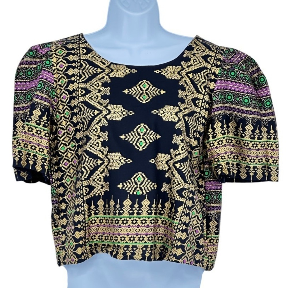 Boho‎ Print Blouse Puff Sleeve Button Up Top Short Sleeve Handmade Size XS